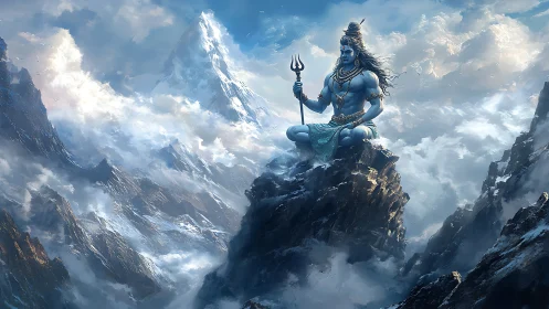 Divine blue figure meditating above hyperreal Himalayan peaks