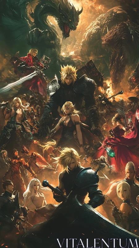 Epic fantasy battle tableau layers heroic figures and dragons