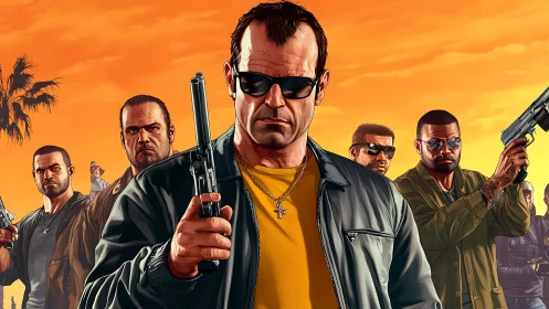 Tough crew strides into a bold, neon-soaked city sunset.