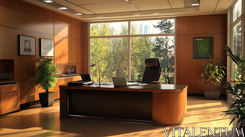 Executive workspace with panoramic glazing and warm wood finishes.