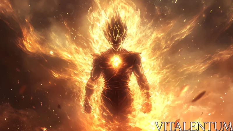 Fiery anime warrior silhouette surrounded by blazing aura.