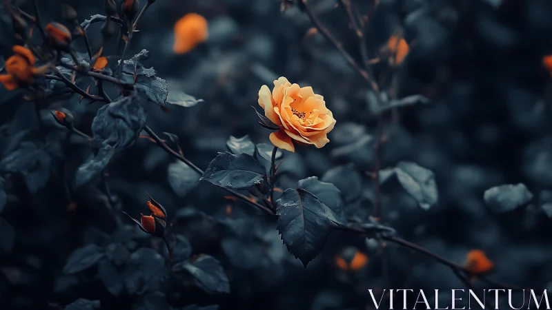 Luminous Orange Rose Among Dark Foliage.