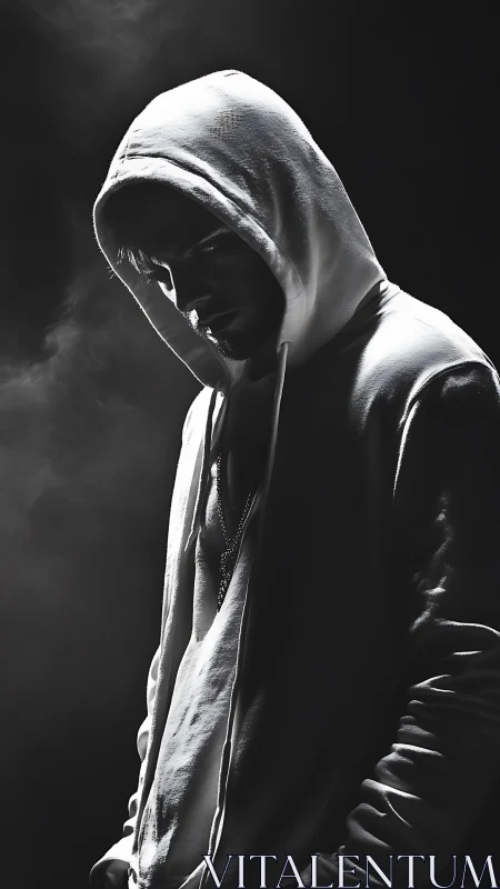 Hooded figure is illuminated by directional side lighting