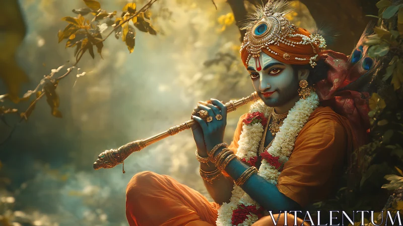 Divine blue-skinned flutist rendered in luminous digital painting