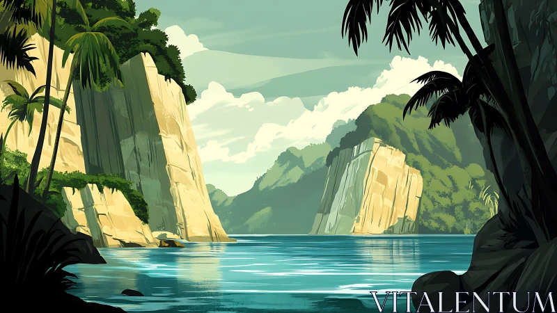 Basalt Canyon Waterscape with Tropical Vegetation and Reflective Water.