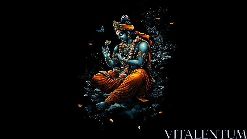Divine blue deity in orange robes amid glowing foliage.
