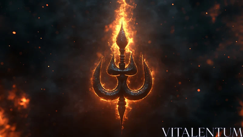 Fiery trident emblem burns through dark swirling smoke