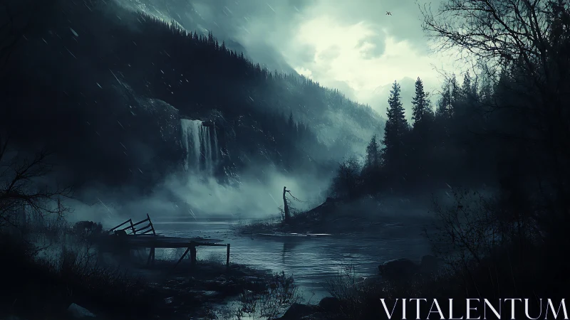 Moody mountain lake with waterfall and broken pier at dusk.