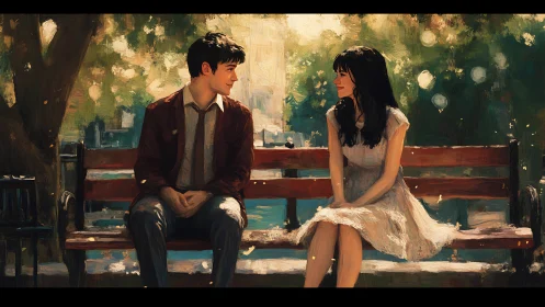 Two figures seated on wooden bench in verdant park with bokeh lighting effects.