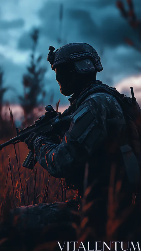 Silhouetted tactical soldier in dusk-lit battlefield grassland.