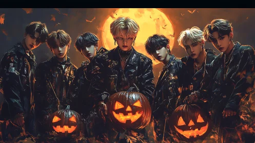 Glow of Halloween night with stylish friends and jack-o-lanterns.