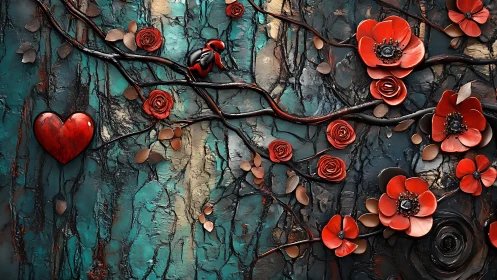 Red Blossoms and Hearts on Weathered Turquoise Canvas.