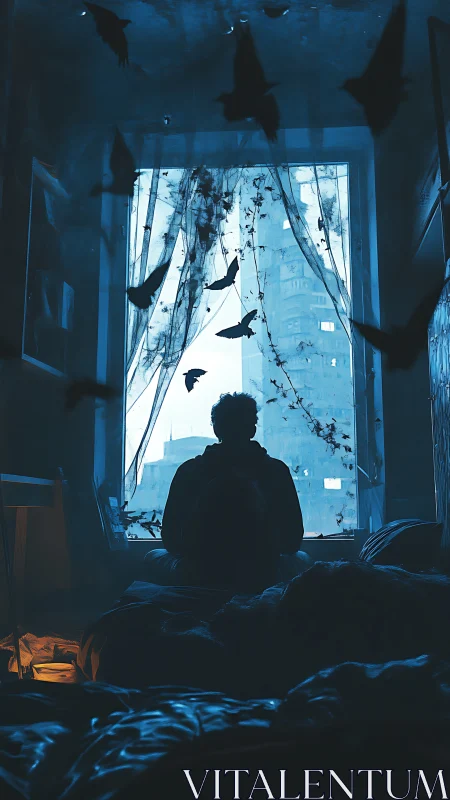 Solitary figure watches storm-lit city as dark birds rise