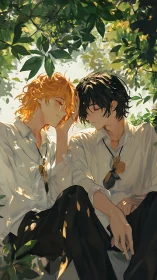 Two students resting under leafy canopy in dappled light.