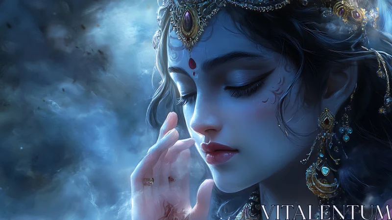 Luminous celestial portrait with jeweled headdress and misted aura.