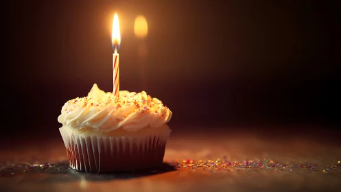 Illuminated Vanilla Cupcake with Striped Candle and Graduated Bokeh Backdrop