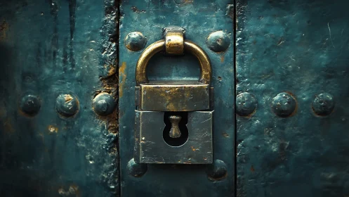 Weathered brass padlock on riveted teal steel door surface