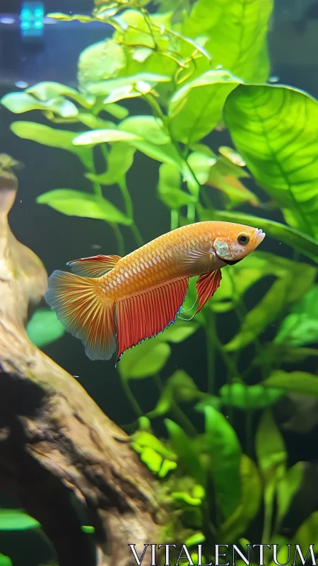 Golden betta drifting through lush green aquarium calm.
