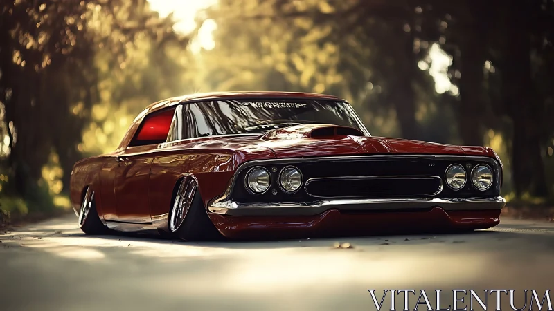 Lowrider muscle car glows under soft forest sunlight.