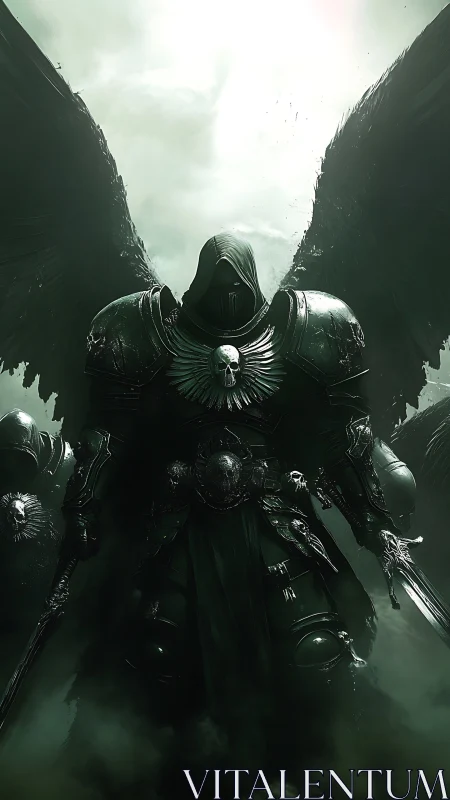 Grim winged sentinel strides through jade war-mist skies.