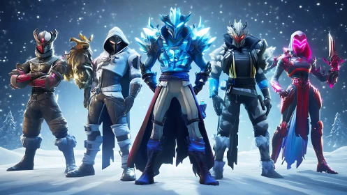 Armored sci fi squad stands on snowy battlefield at night