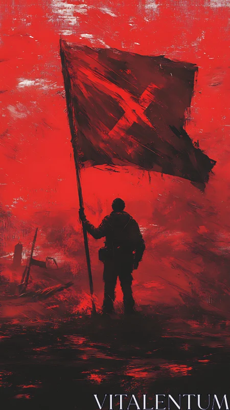 Digital painting of lone rebel with tattered victory banner.