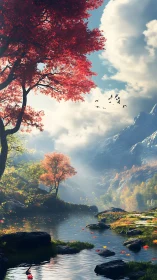 Crimson trees and quiet river beneath misty autumn peaks.