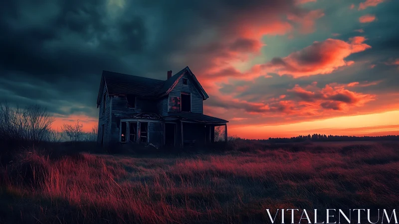 Storm-bent farmhouse listens quietly to the burning red sky