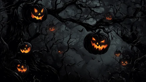 Haunted forest jack o lanterns glow through twisted night