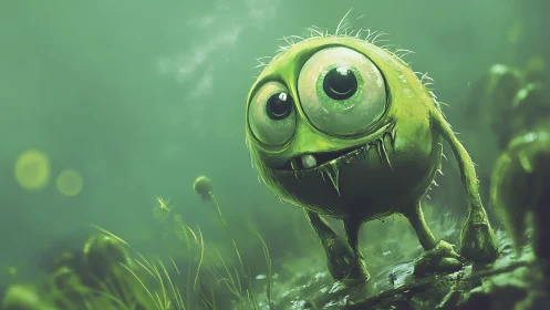 Wide-eyed green creature explores a misty alien bog.