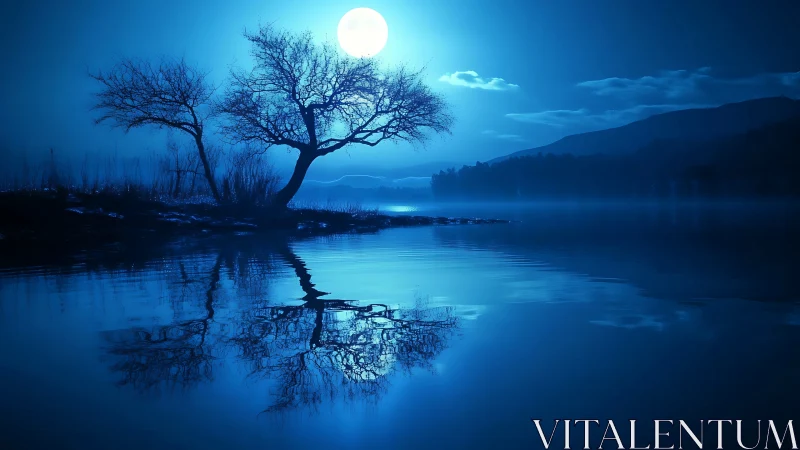Moonlit lake landscape reflects bare trees in deep blue.