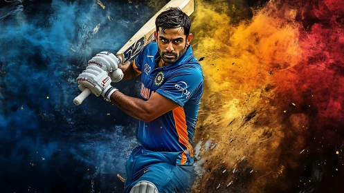 Cricketer drives the ball amid explosive color clouds.