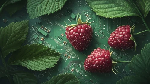Raspberries reboot the motherboard garden in neon circuitry.