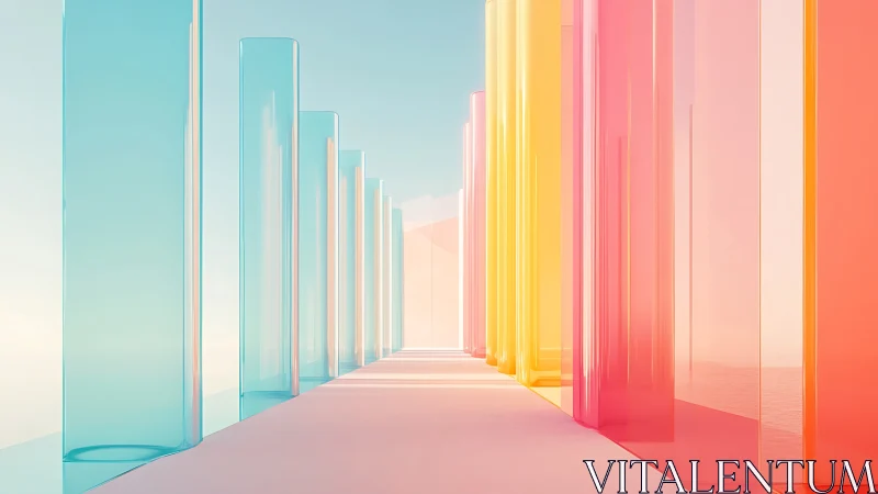 Pastel glass corridor with luminous vertical columns.