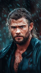 Storm-soaked warrior stares ahead with fierce resolve.