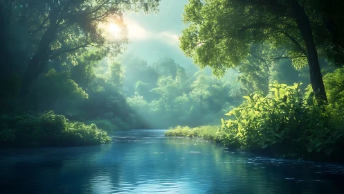 Serene River Through Ancient Forest.