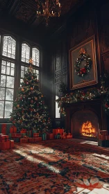 Grand manor Christmas tree beside glowing hearth fire.