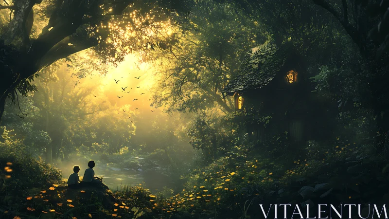 Children watch glowing forest cottage beside misty river