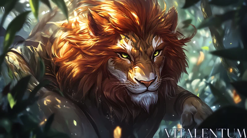 Sunlit jungle lion prowls through shards of wild radiance.