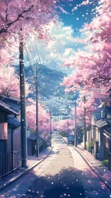 Sakura-lined downhill street with distant urban basin view.