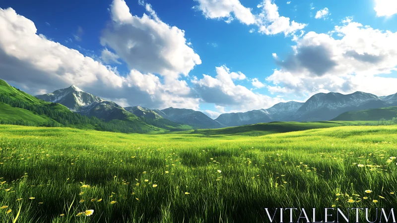 Bright green mountain meadow under wide blue sky.