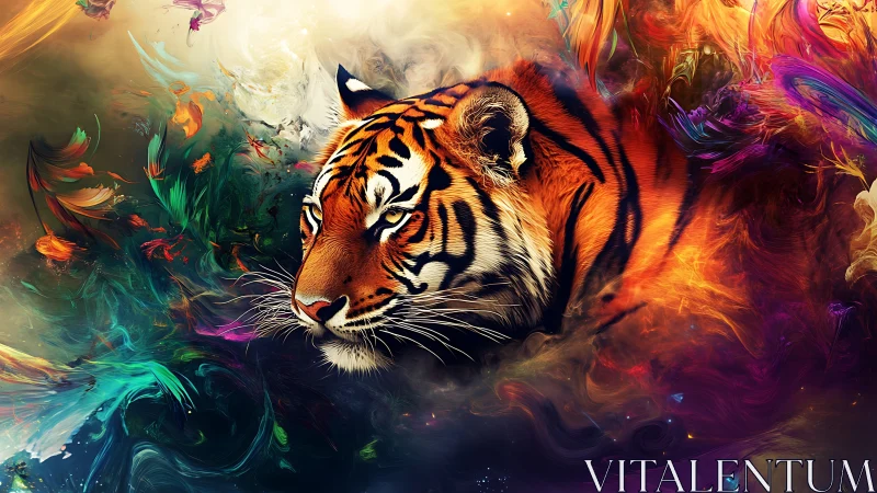 Bengal tiger portrait in luminous multicolor abstract nebula