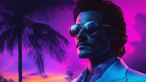 Retro neon portrait of man in sunglasses at sunset.