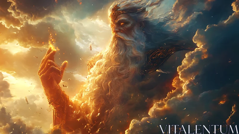 Majestic celestial godlike figure emerging from clouds.