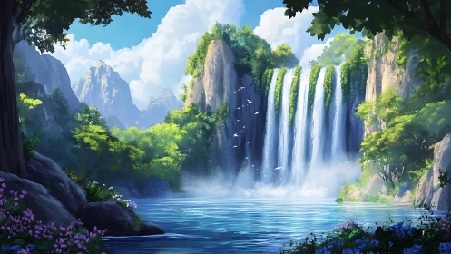 Layered cascade waterfall framed by luminous foliage and mist