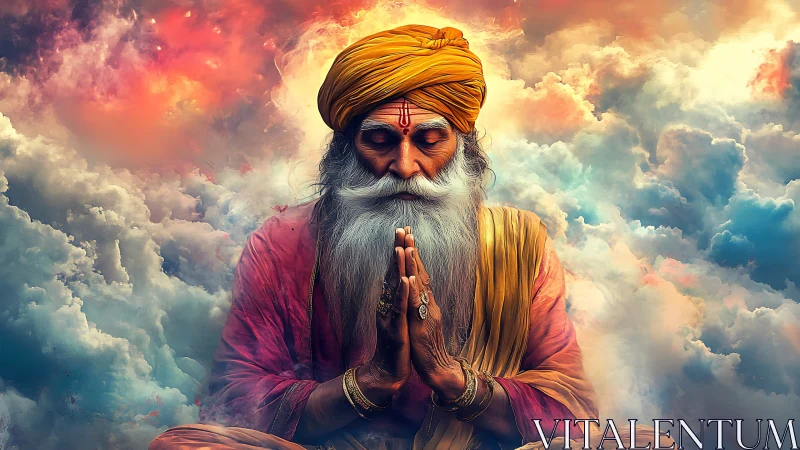 Meditative elder in saffron robes merges with iridescent clouds