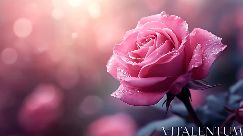 Pink Rose Glistening With Dew Drops.