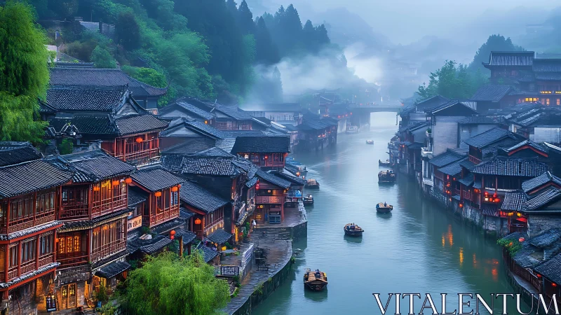 Misty riverside town glows softly as wooden boats drift by