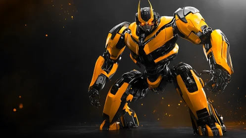 Yellow and black combat robot in dynamic crouched pose.