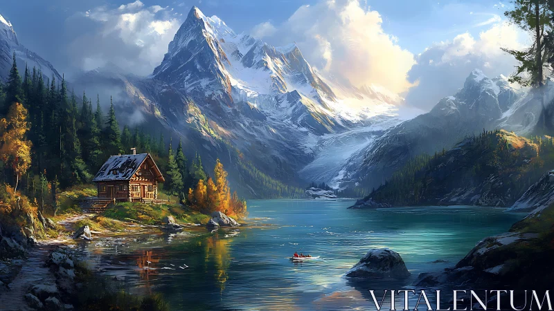 Mountain lake cabin with kayaker under radiant alpine sky.